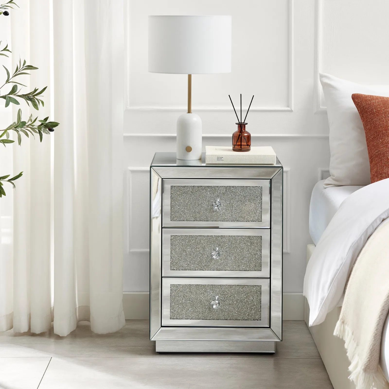 FurnitureboxUK Stella Crushed Diamond Effect Mirrored 3 Drawer Bedside Table in Silver 2