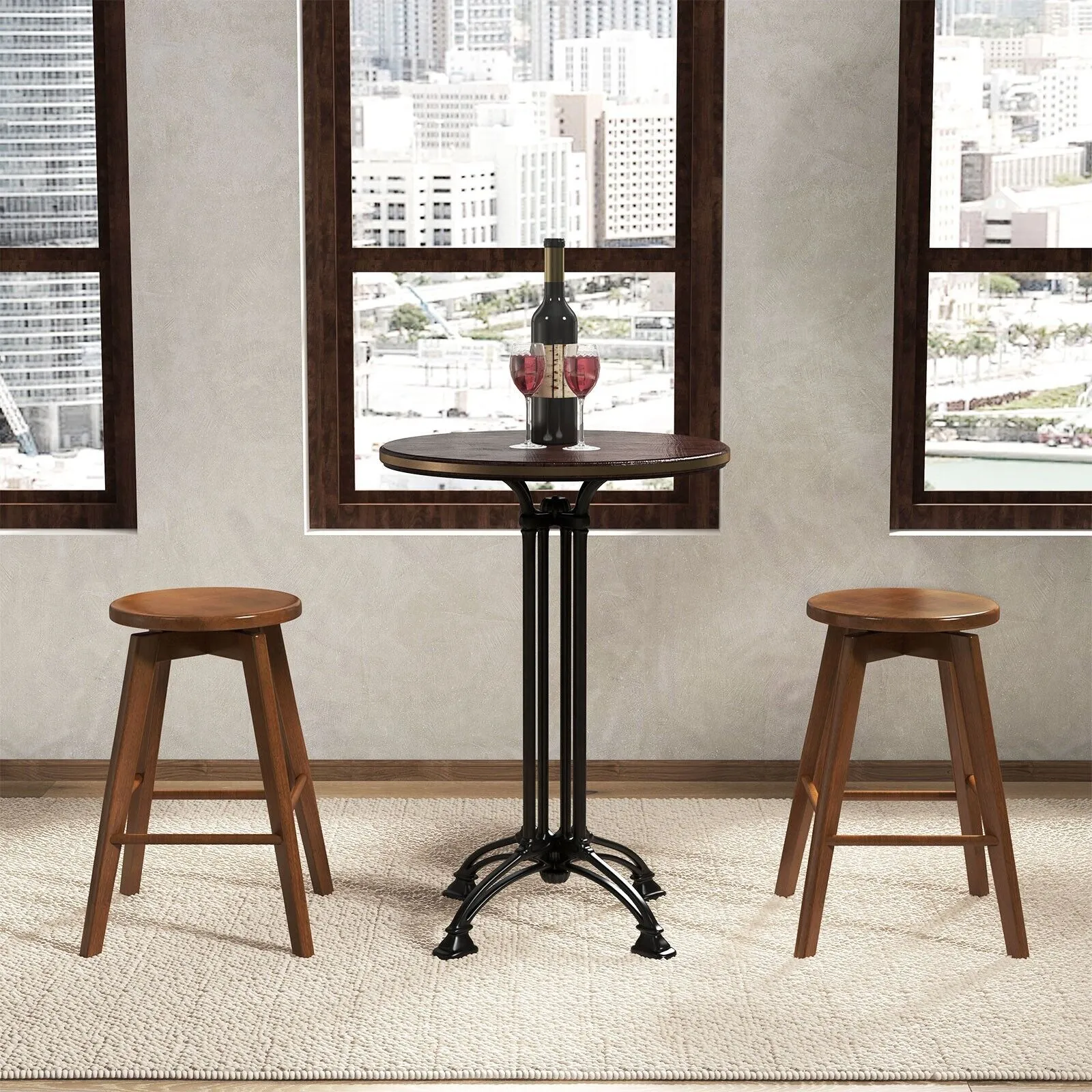 Costway Set of 2 Bar Stools Wood Counter Height Chair 360 Swivel Kitchen Seat Backless in Brown 4