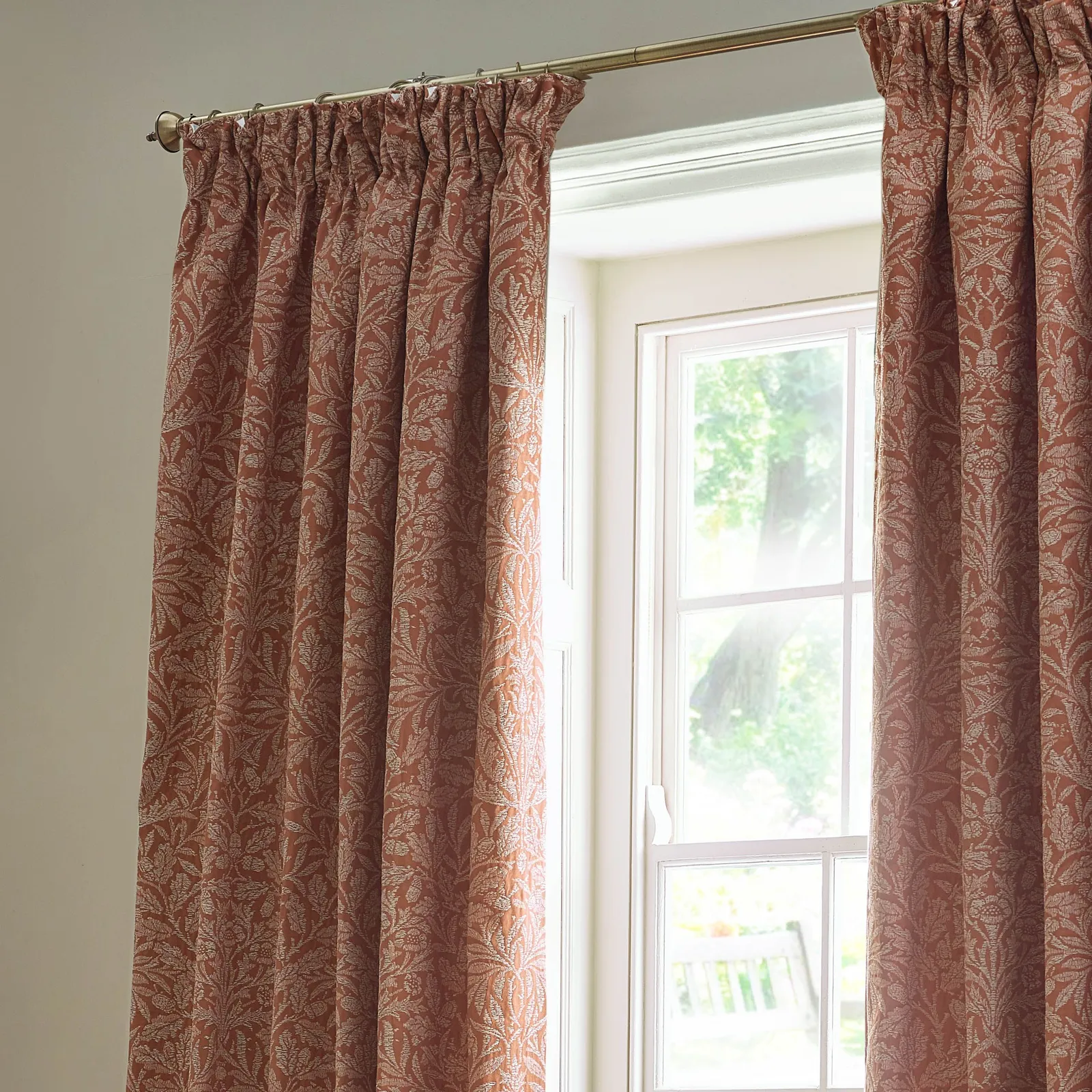 Morris & Co Acorn Tonal Fully Lined Matt Jacquard Pencil Pleat Curtains in Red 3