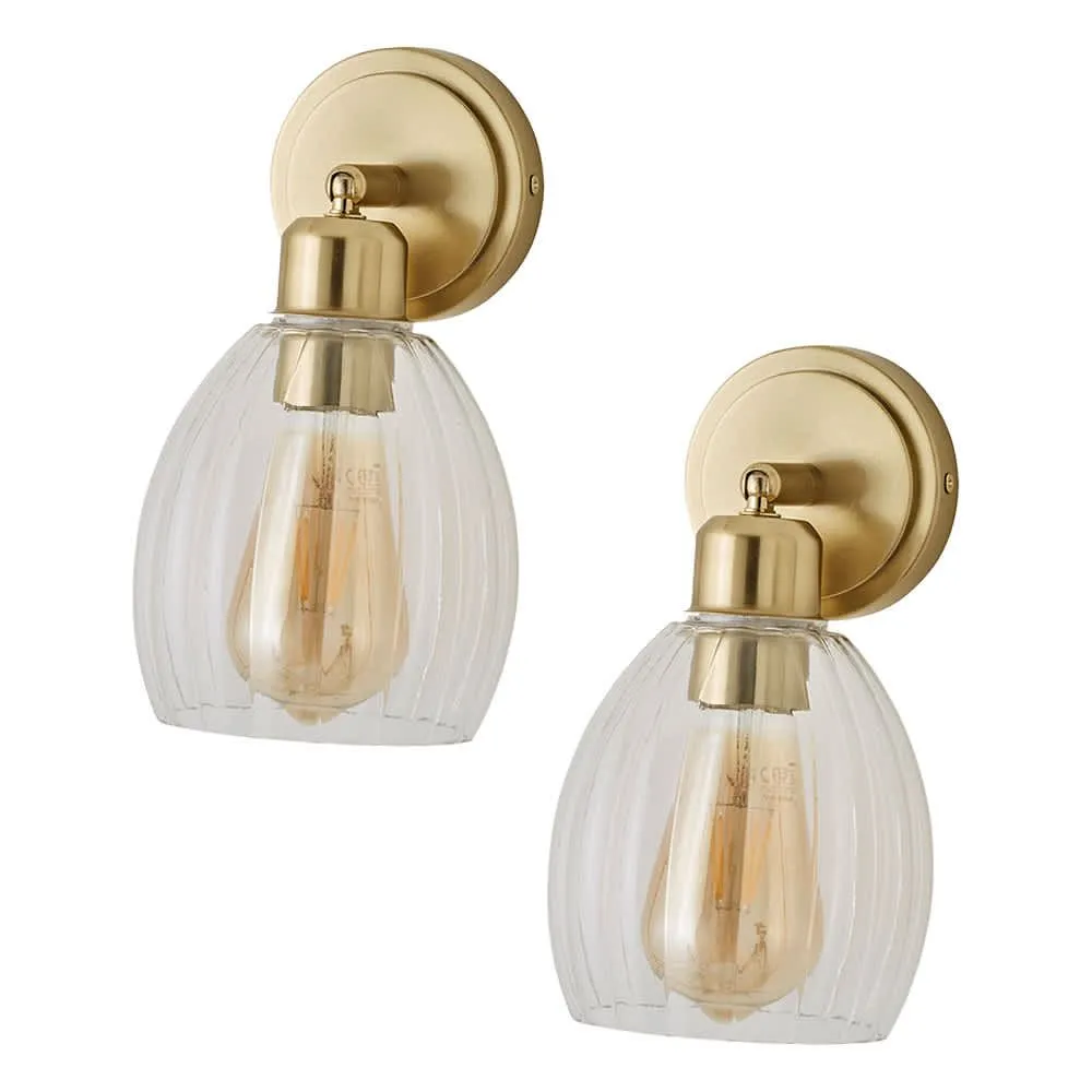 ValueLights Cheltenham Pair of Ribbed Glass Dome Spotlight Wall Lights with Bulbs in Gold