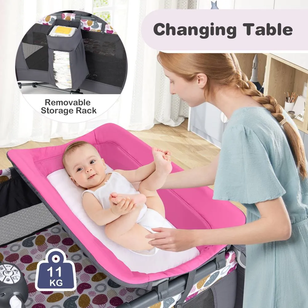 Costway Foldable Pack &Play Portable Baby Playard w/Rocking Bassinet&Music Box in Pink 5