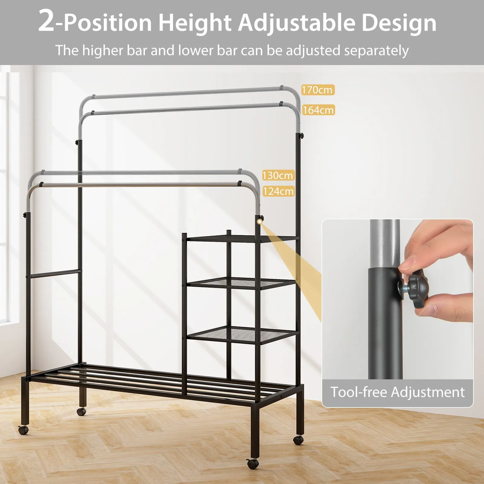 Costway Rolling Clothes Drying Rack Adjustable Double Rods Garment Rack in Black 3