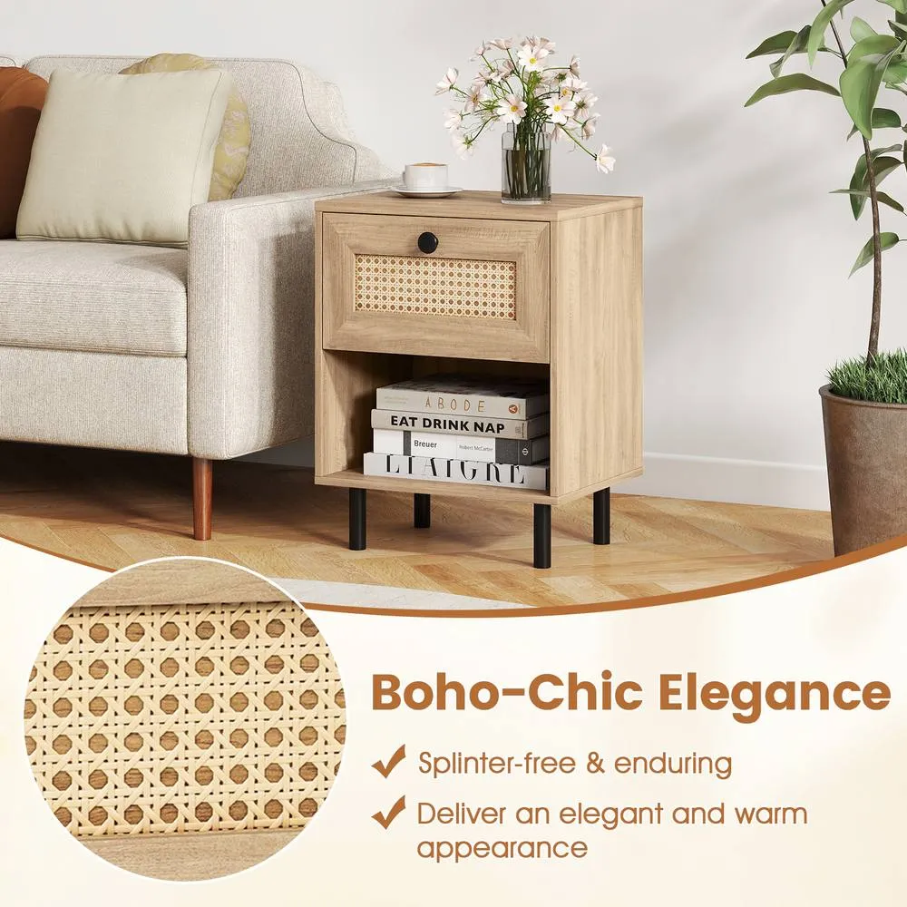 Costway Set of 2 Rattan Nightstand Boho Style Bedside Table with Drawer in Natural 4