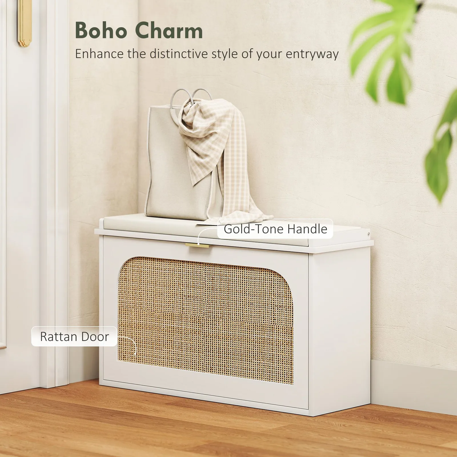 HOMCOM Boho Shoe Bench with Padded Seat & Flip-Drawer in White 4