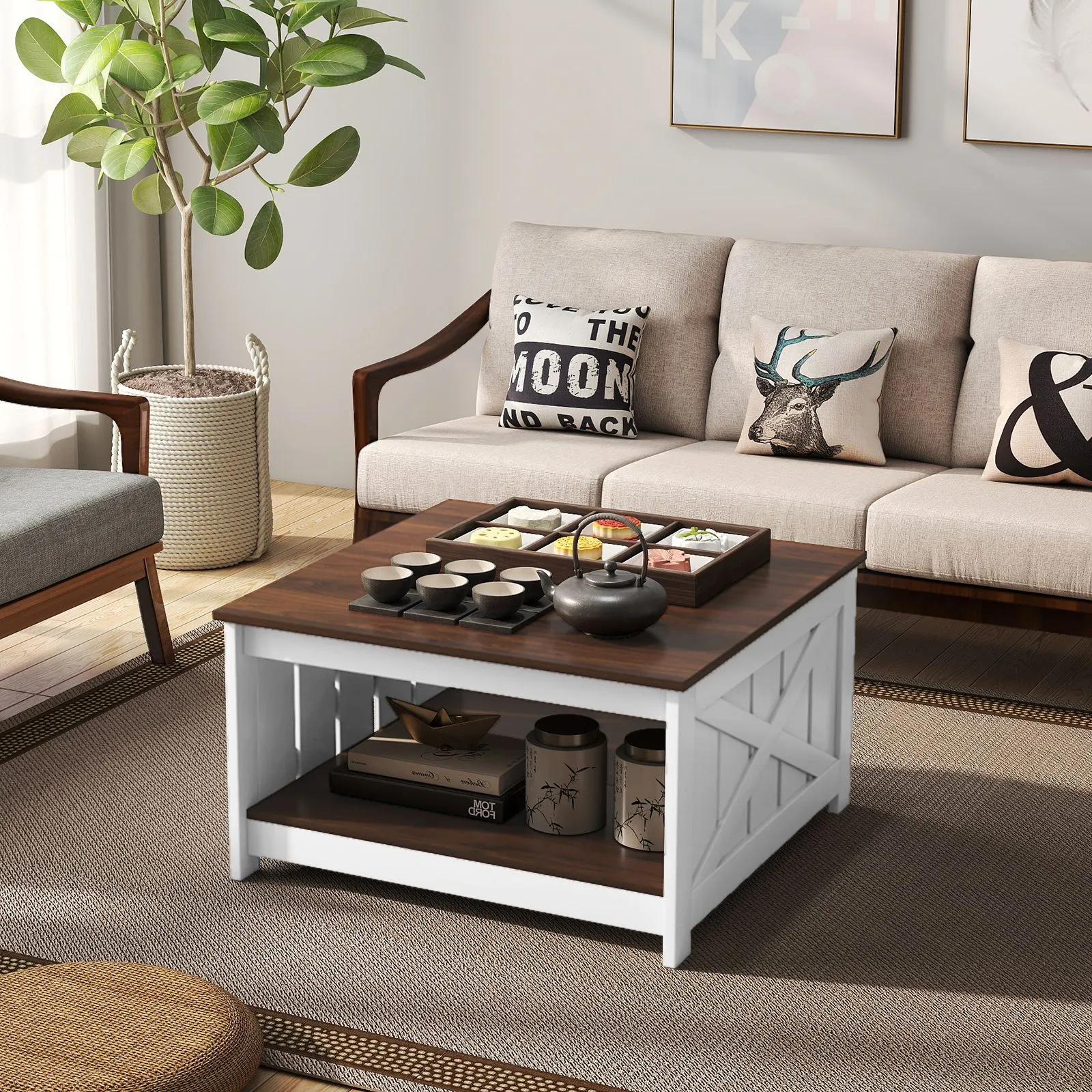 Costway Farmhouse Coffee Table 31" Square Coffee Table w/Storage Shelf 3