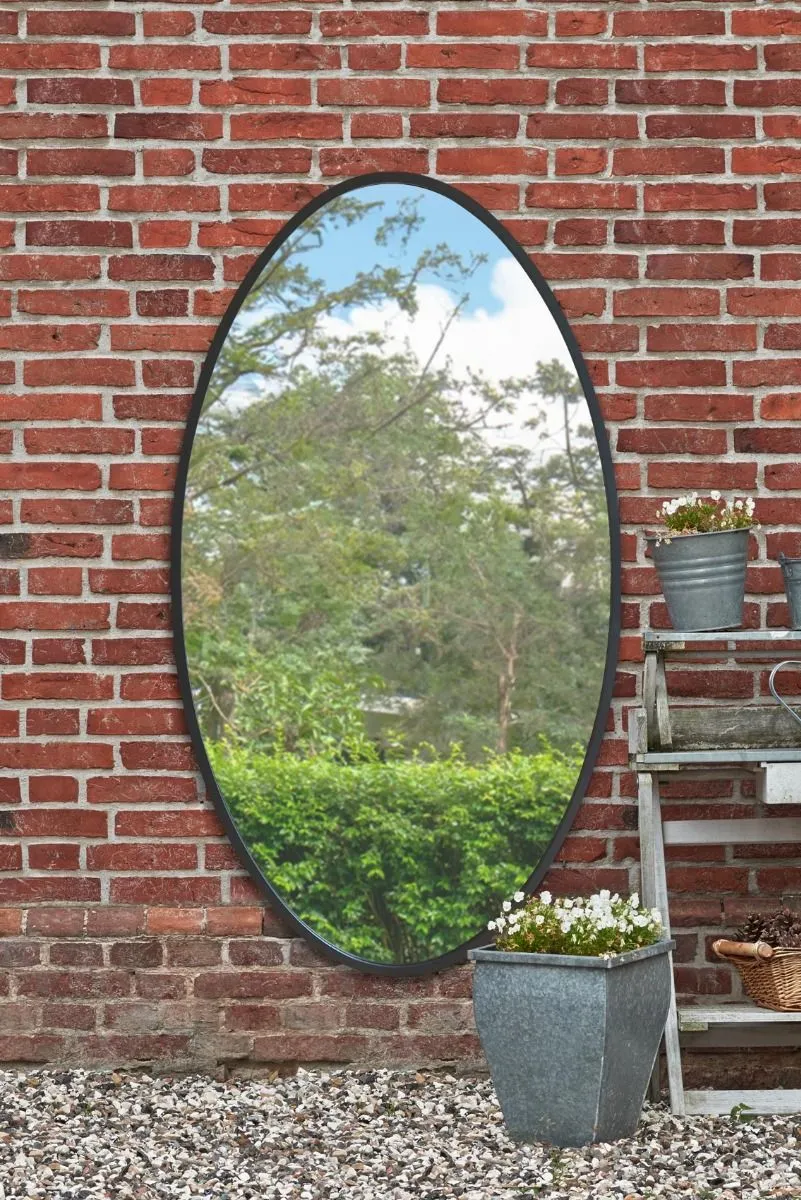 MirrorOutlet Black Metal Framed Oval Garden Wall Mirror 71" X 39" (180 x 100CM)