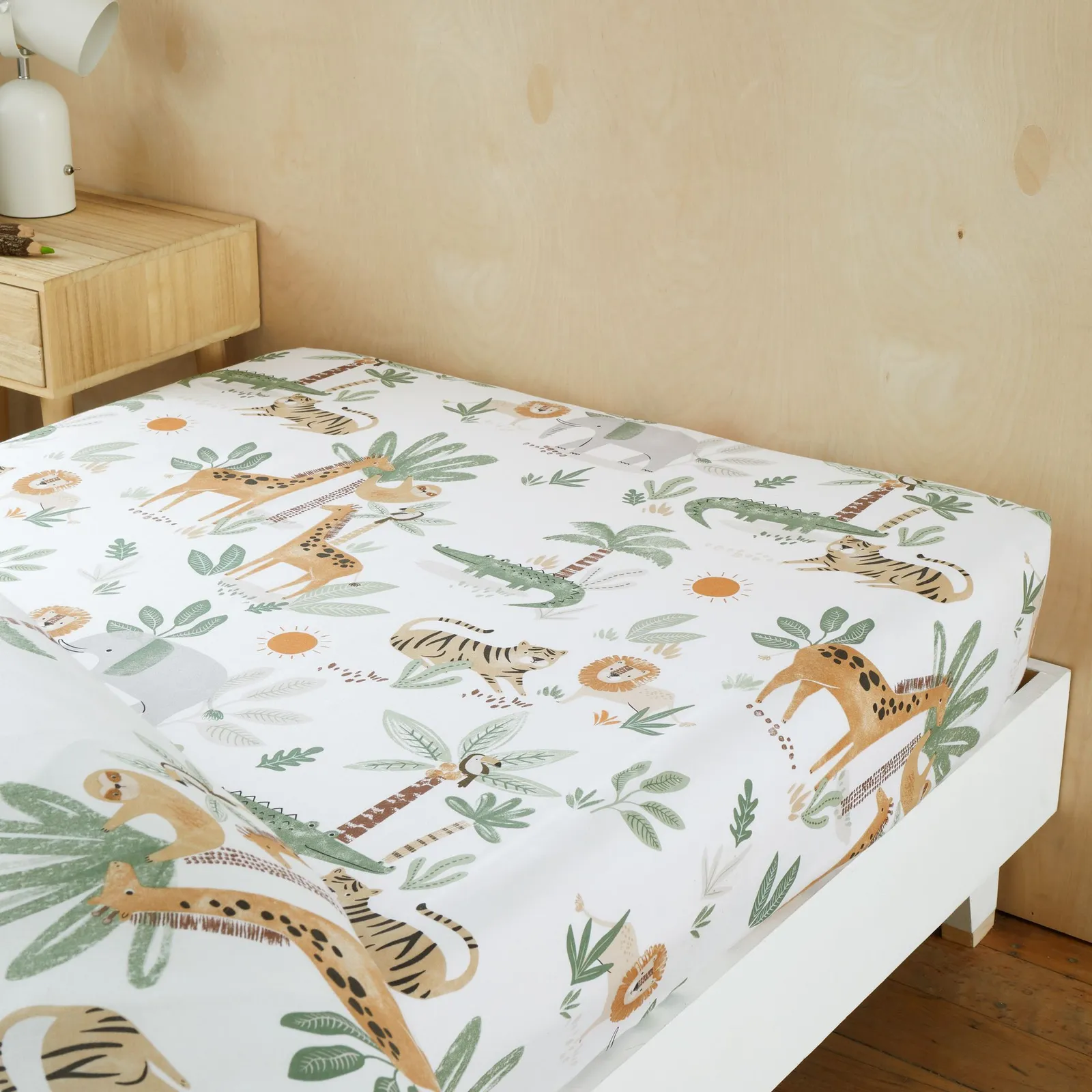 Happy Linen Company Fitted Sheet For Jungle Safari Animals Bedding Bed Linen in Ivory