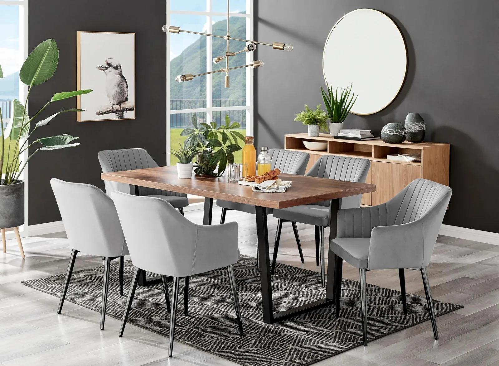 FurnitureboxUK Kylo Large Brown Wood Effect Dining Table & 6 Calla Black Leg Velvet Chairs in Grey 1