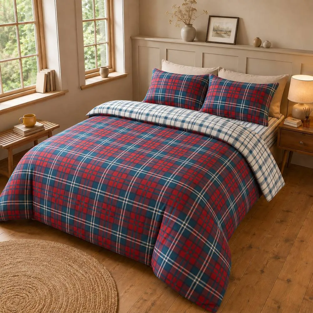 Rapport Home Ross Check Complete Duvet Cover Set with Fitted Sheet & Pillowcases in Red 1