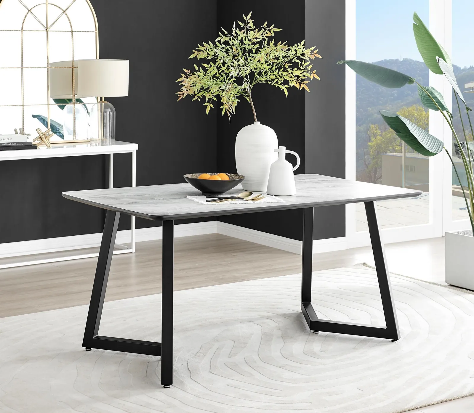 FurnitureboxUK Carson White Marble Effect Dining Table & 6 Milan Black Leg Chairs in Grey 2