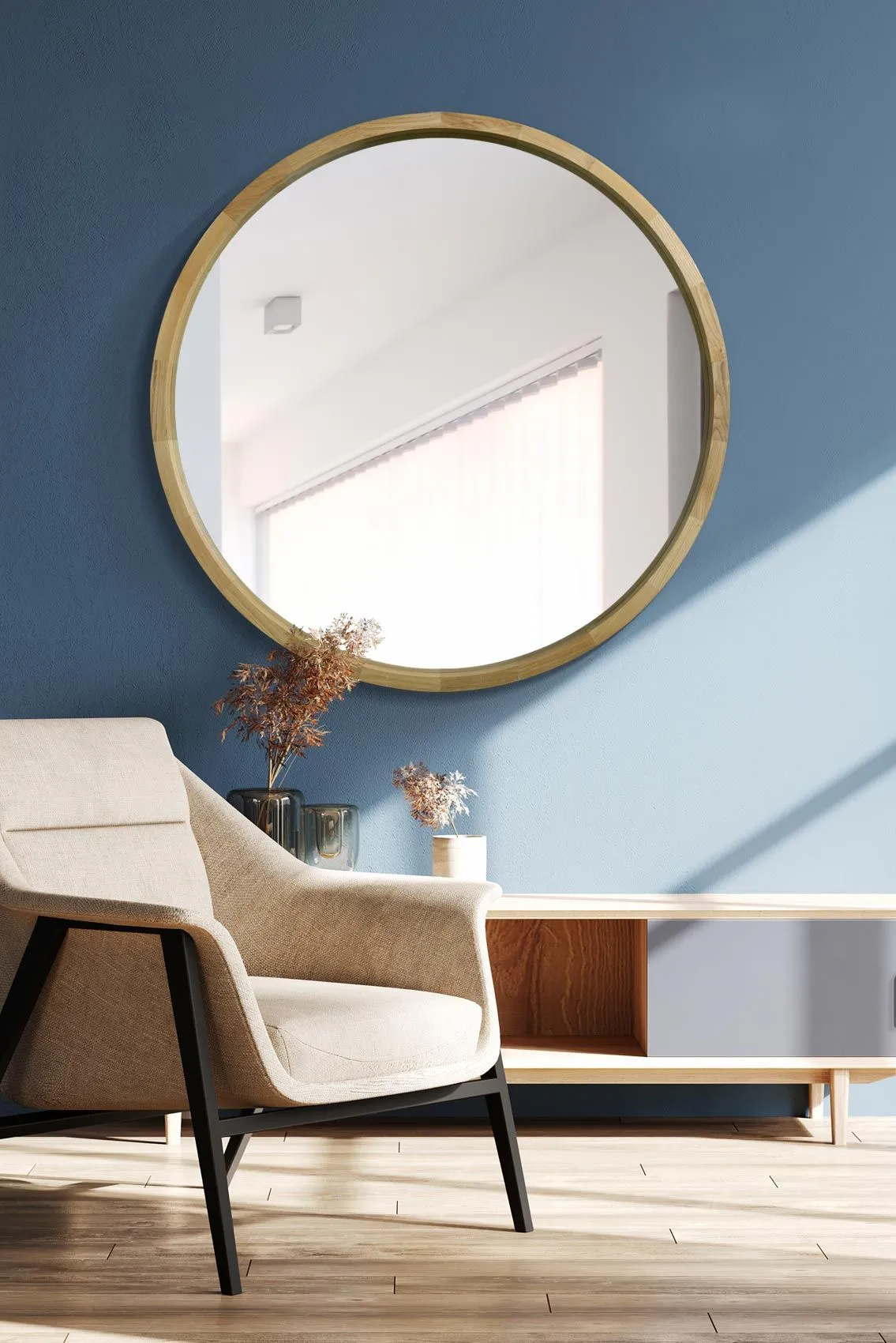 MirrorOutlet Solid Oak Round Deep Dish Framed Mirror 39" X 39" (100CM X 100CM) in Beige