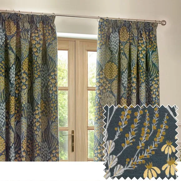 Ophelia Blue Saffron Pencil Pleat Curtains 4