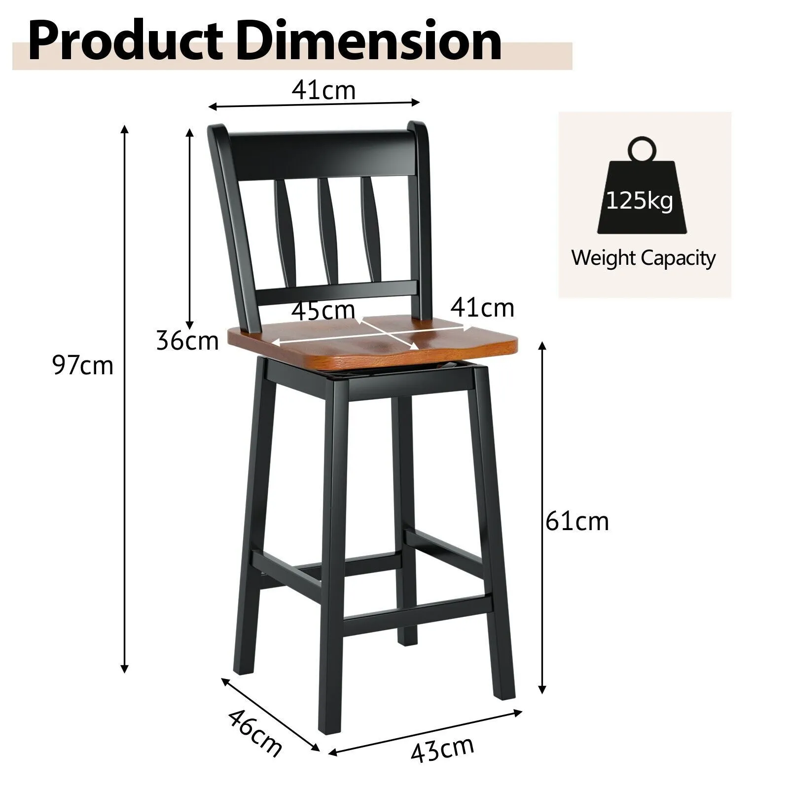 Costway Bar Stools Set of 2 Rubber Wood Swivel Bar Chairs with Backrest & Footrest in Black 2