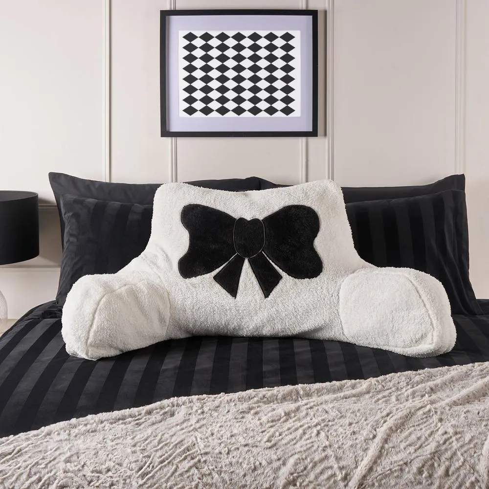 OHS Embroidered Bow Cuddle Cushion Teddy Fleece Reading Pillow in White