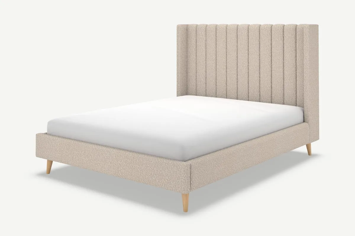Cory Double Bed, Mink Grey Boucle with Oak Legs