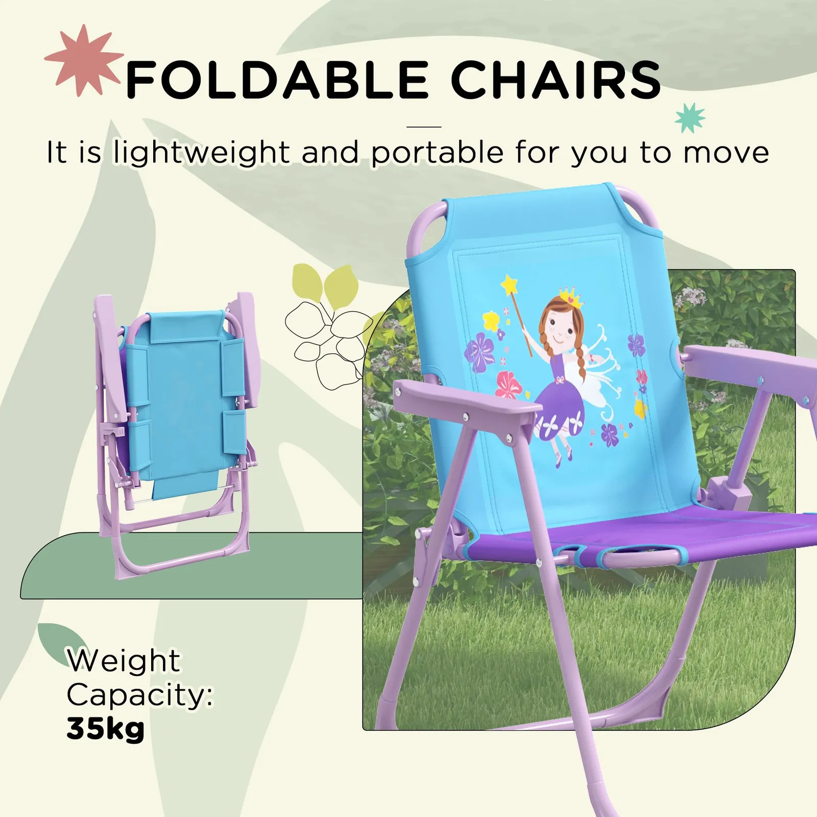 OUTSUNNY Children Table & Chair Set Outdoor Garden Furniture Set w/ Fairy Theme in Blue 4