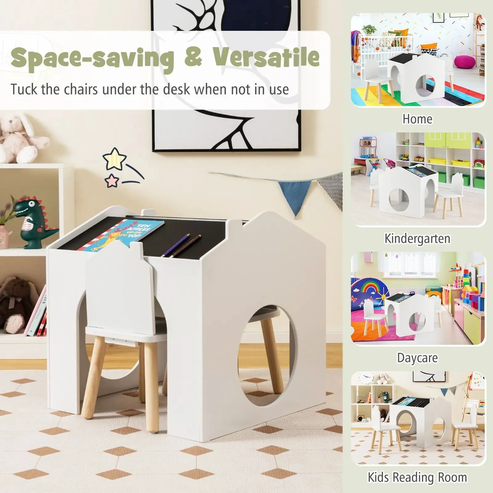 Costway Table & Chair Set Children Wooden Children Activity Desk W/ Chalkboards in White 6