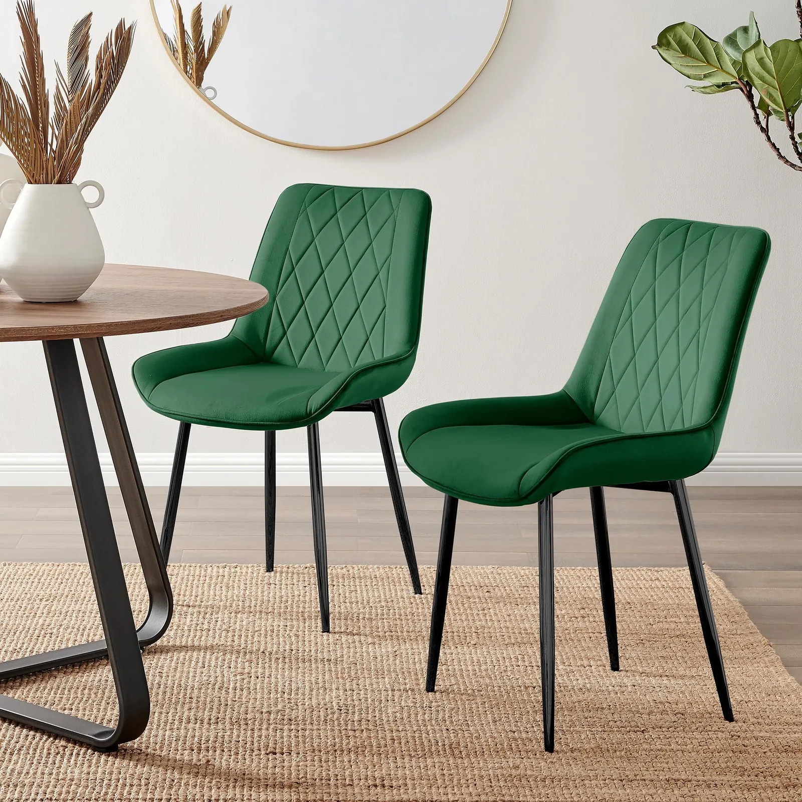 FurnitureboxUK Set of 2 Pesaro Luxury Velvet Dining Chairs With Diamond Stitched Back & Black Metal Legs in Green