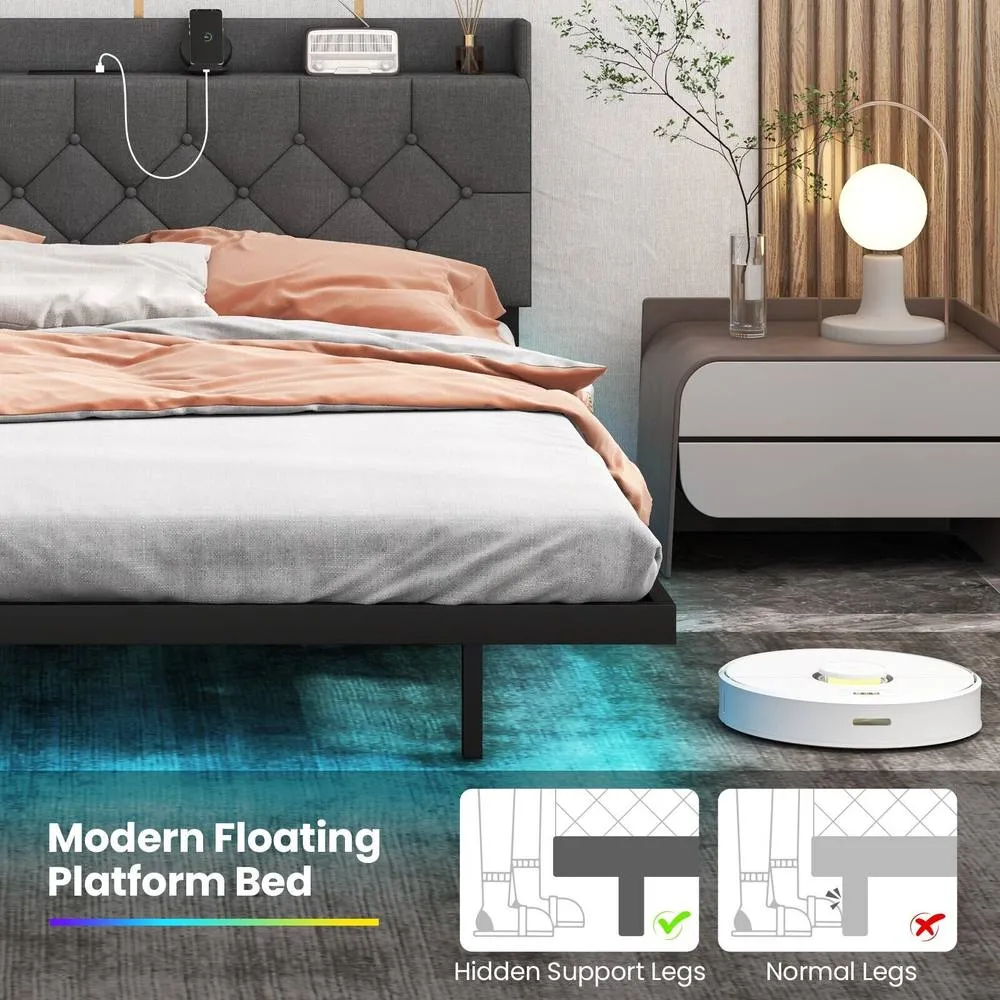 Costway King Size Modern Platform Bed Floating Bed Frame in Grey 6
