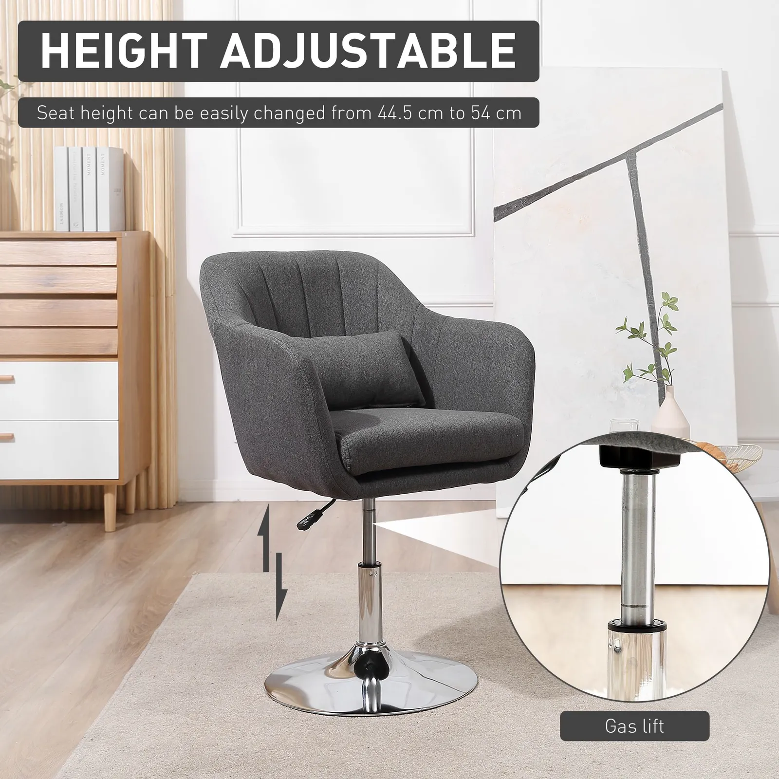 HOMCOM Stylish Retro Linen Swivel Tub Chair Steel Frame Cushion Seat in Dark Grey 4