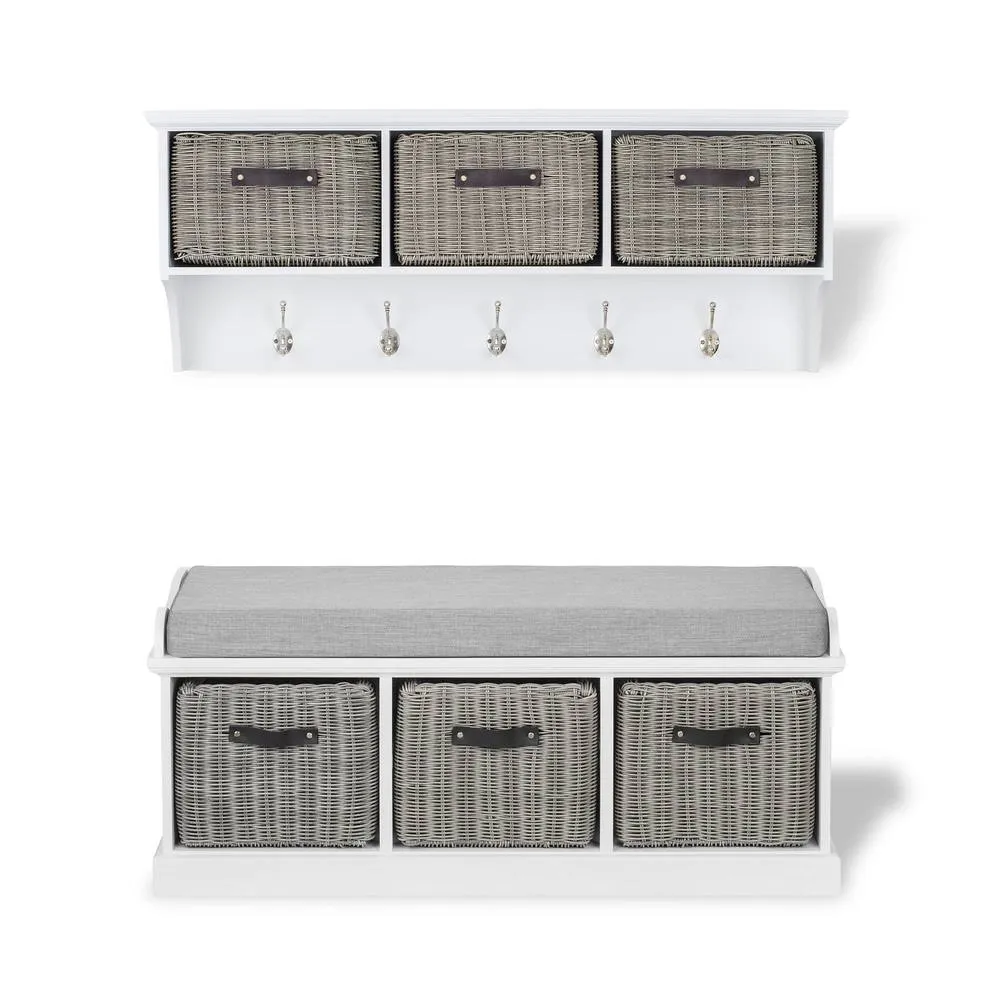 Statement Furniture Tetbury 3 Grey Faux Rattan Basket & Grey Cushion Hallway Set in White 2
