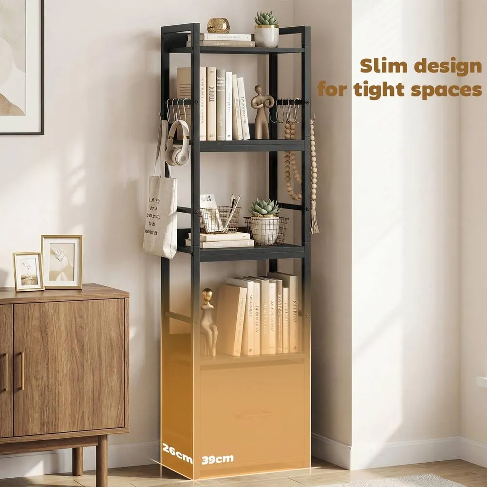 HOMCOM 4-Tier Bookshelf, Shelving Unit with Drawer, 8 Hooks in Black 5