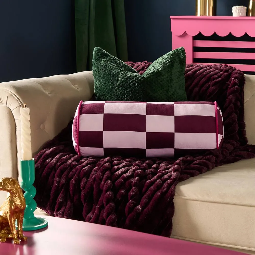 OHS Checkerboard Matte Velvet Bolster Pillow Soft Cylindrical Cushion in Burgundy