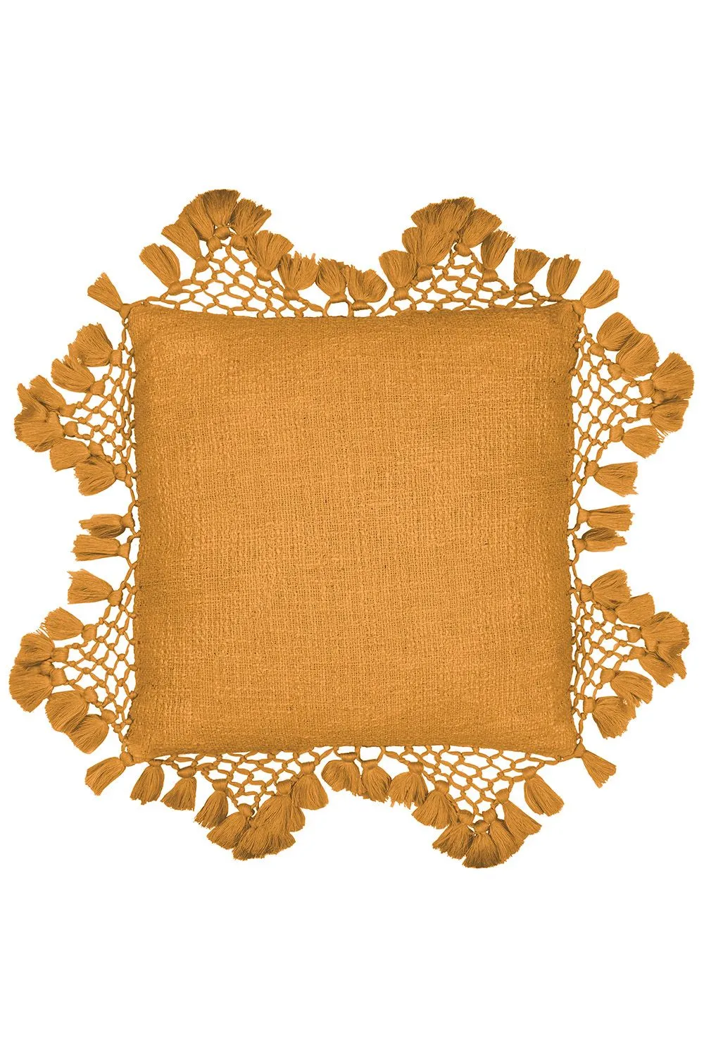 Yard Anko Slub Cotton Macrame Tassel Trimmed Cushion in Light Brown 1