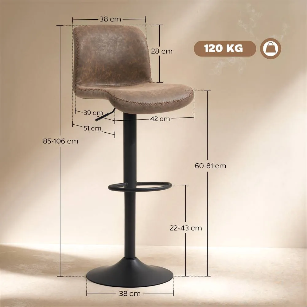 HOMCOM Barstools Set of 2, Dining Stools with Backrest & Footrest in Brown 3