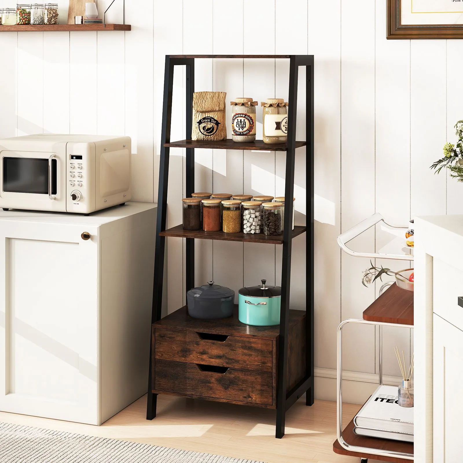 Costway Ladder Bookshelf Tall Freestanding Display Rack with Storage-White in Brown 3