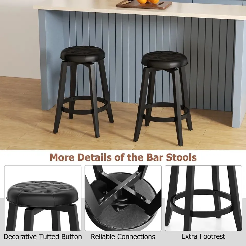 Costway Set of 2 Bar Stools Kitchen Upholstered Chair 360 Swivel Pub Stool 66cm in Black 4