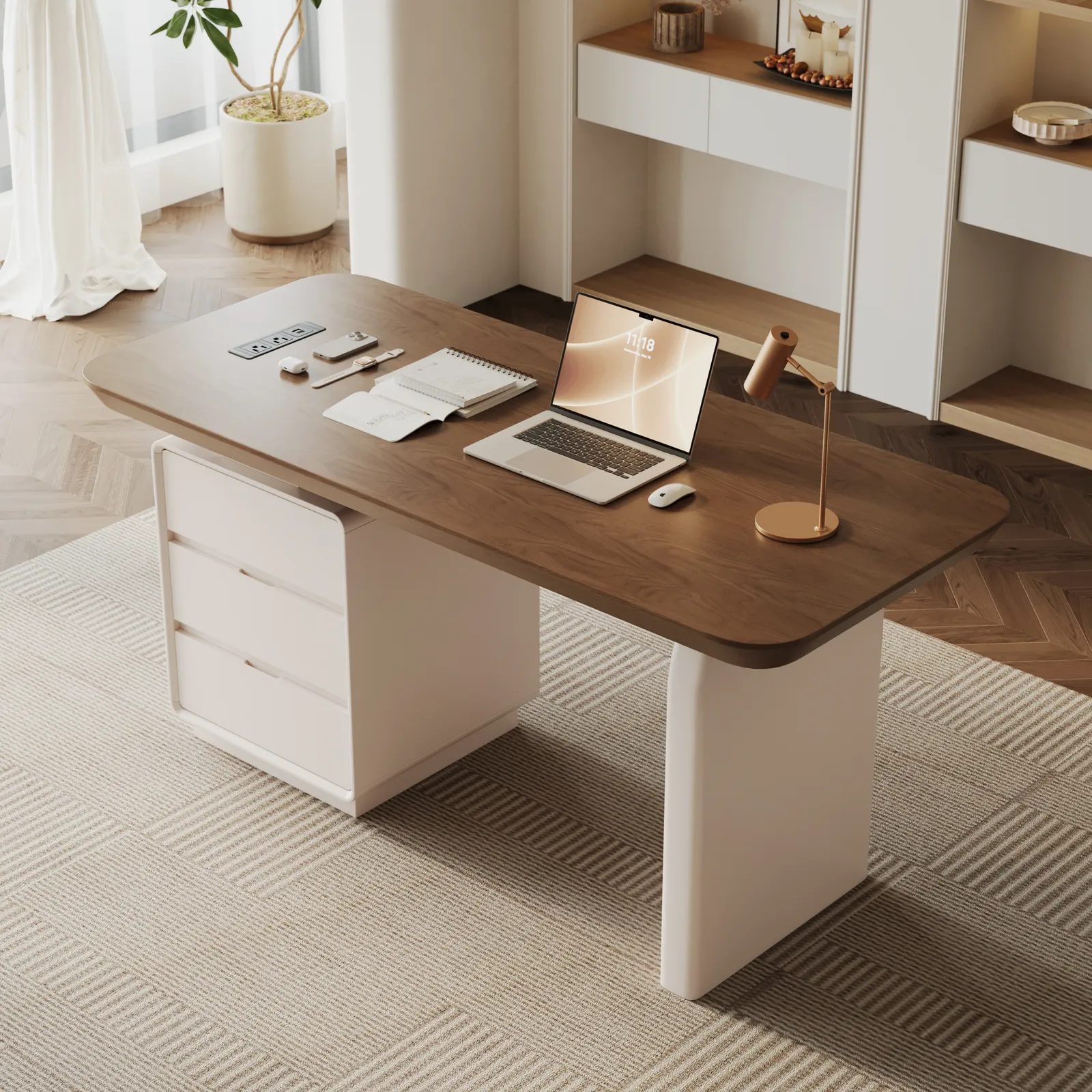 Modern 160 cm Rectangular Walnut Wood Desk with charging station & storage