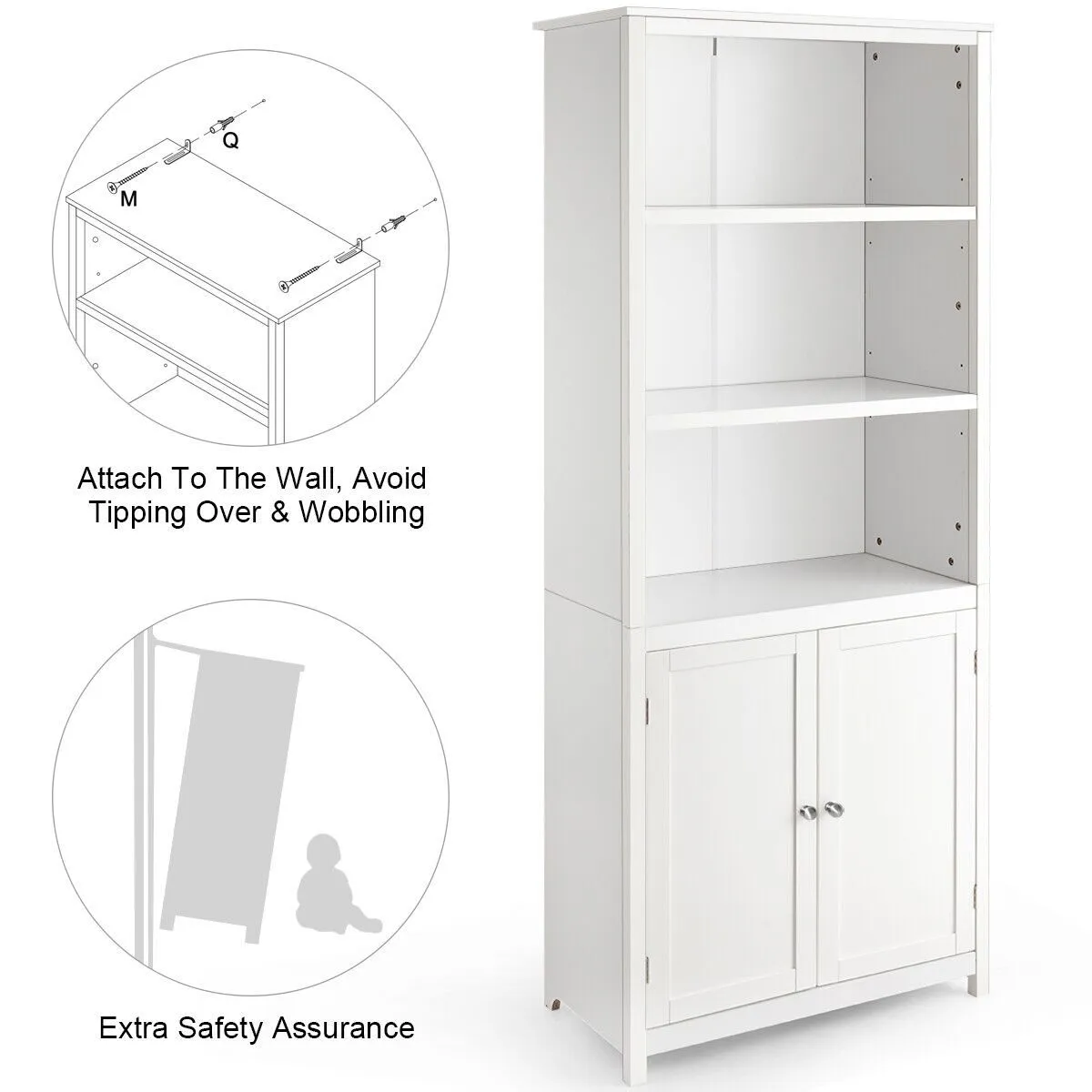 Costway Wooden Tall Bookcase 3-Tier Shelving Storage Cabinet 2 Doors Display Organizer in White 6