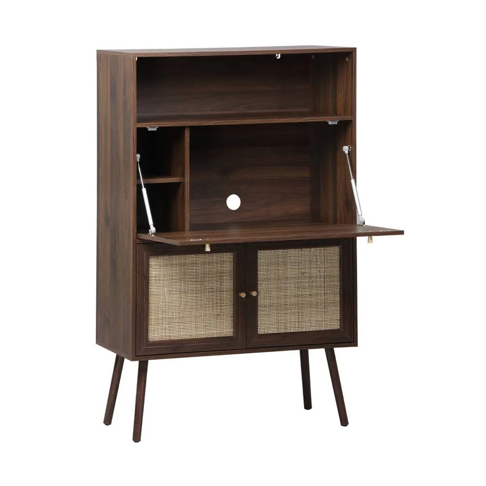 sweeek Secretary desk with wood decor, cane & 2 doors in Dark Brown 2