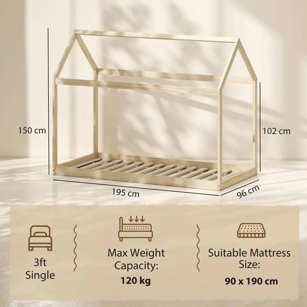 HOMCOM Wooden Single Bed Frame with Tree House Style, Natural Wood Finish 3