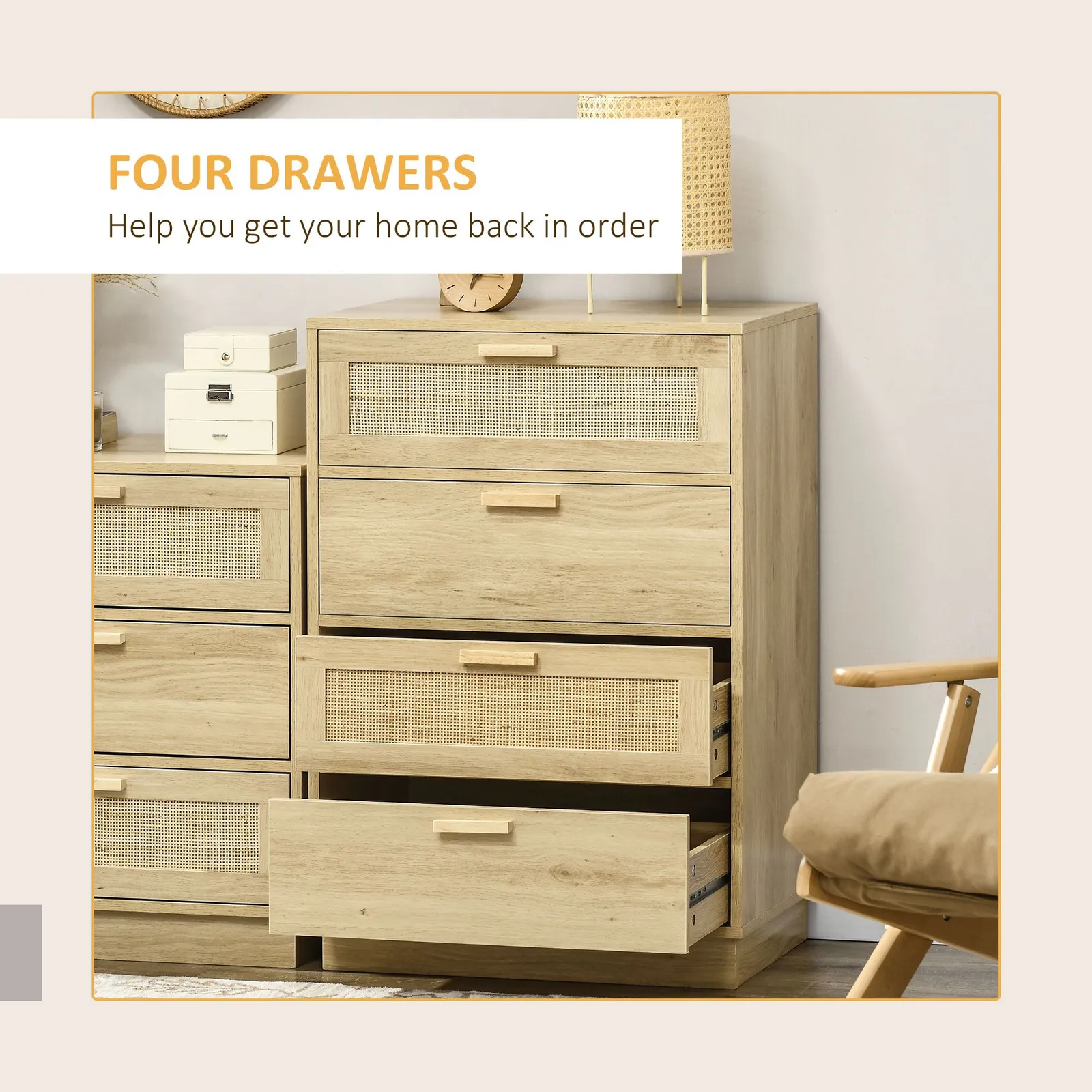 HOMCOM 4 Drawer Dresser, Boho Chest of Drawers Storage Cabinet, Natural 4