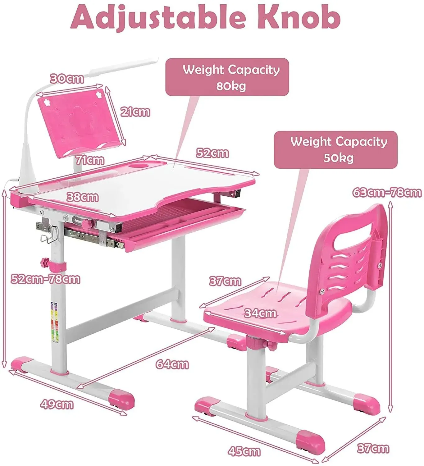 Costway Height Adjustable Study Table & Chair Set w/Book Stand & LED Light in Pink 2