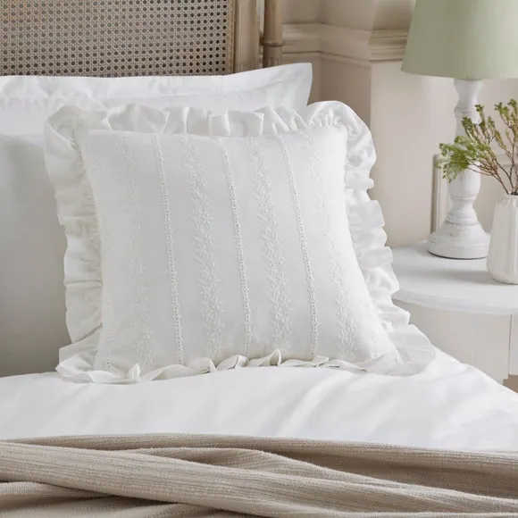 Broderie Anglaise Frilled Cotton Square Cushion Cover
