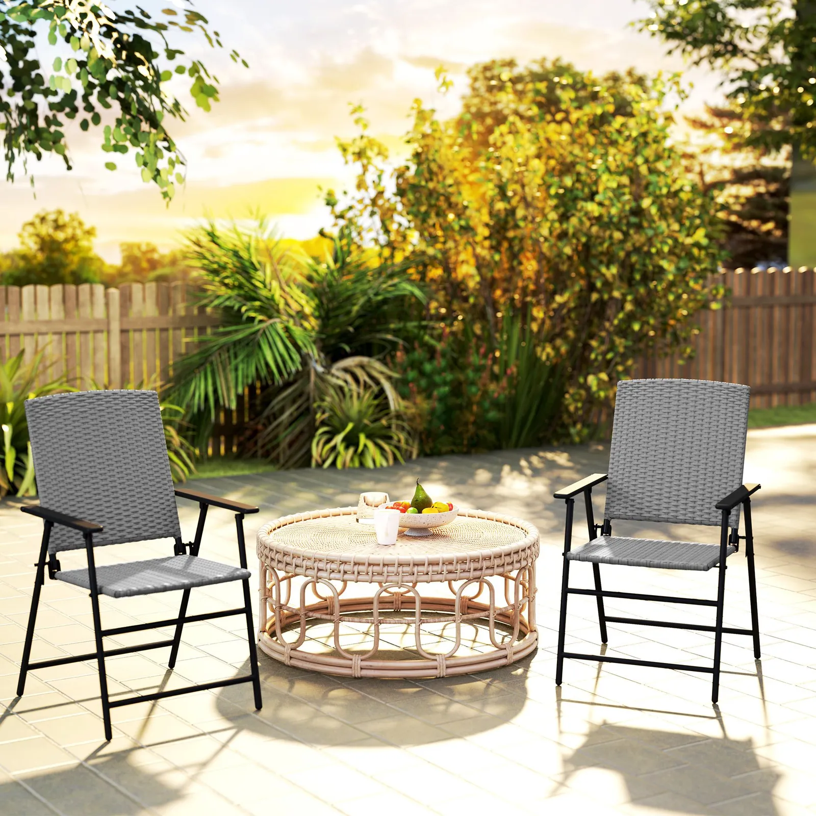 OUTSUNNY 2pcs Rattan Chair Foldable Garden Furniture w/ Armrest Grey