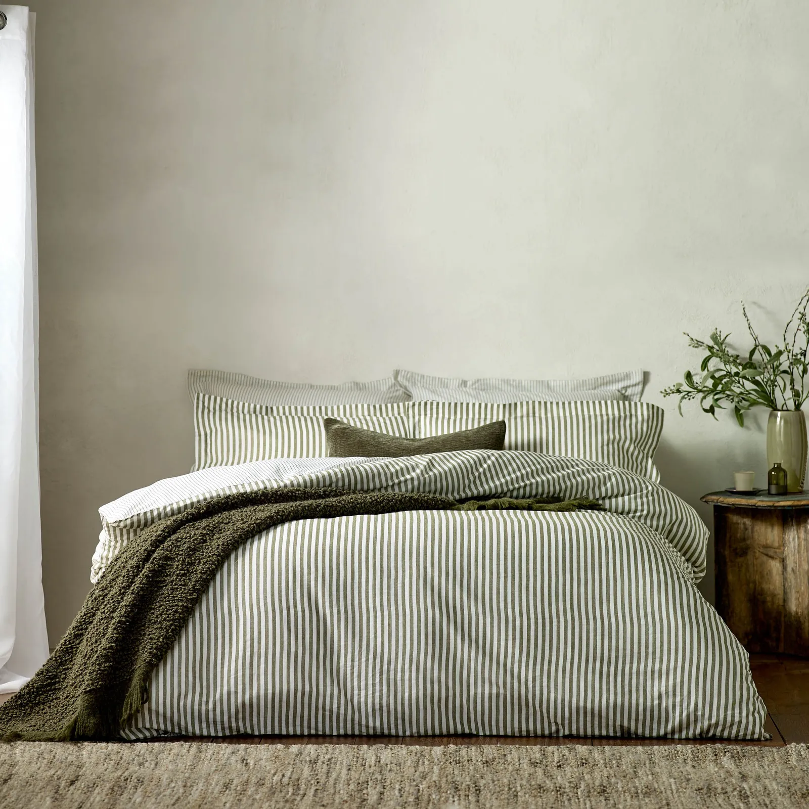 Yard Hebden Striped 100% Cotton Duvet Cover Set in Olive 1
