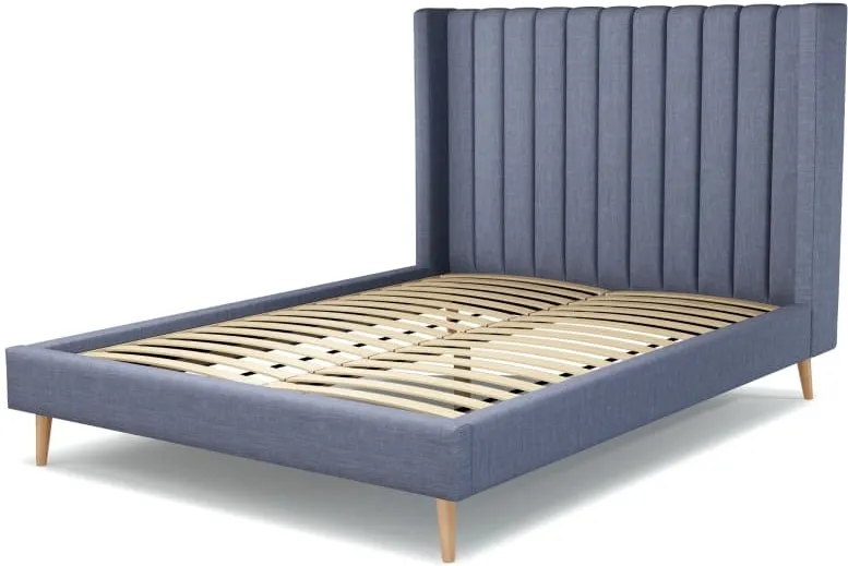 Cory King Size Bed, Denim Cotton with Oak Legs