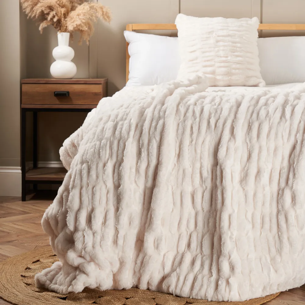Ruched Faux Fur Throw, Cream