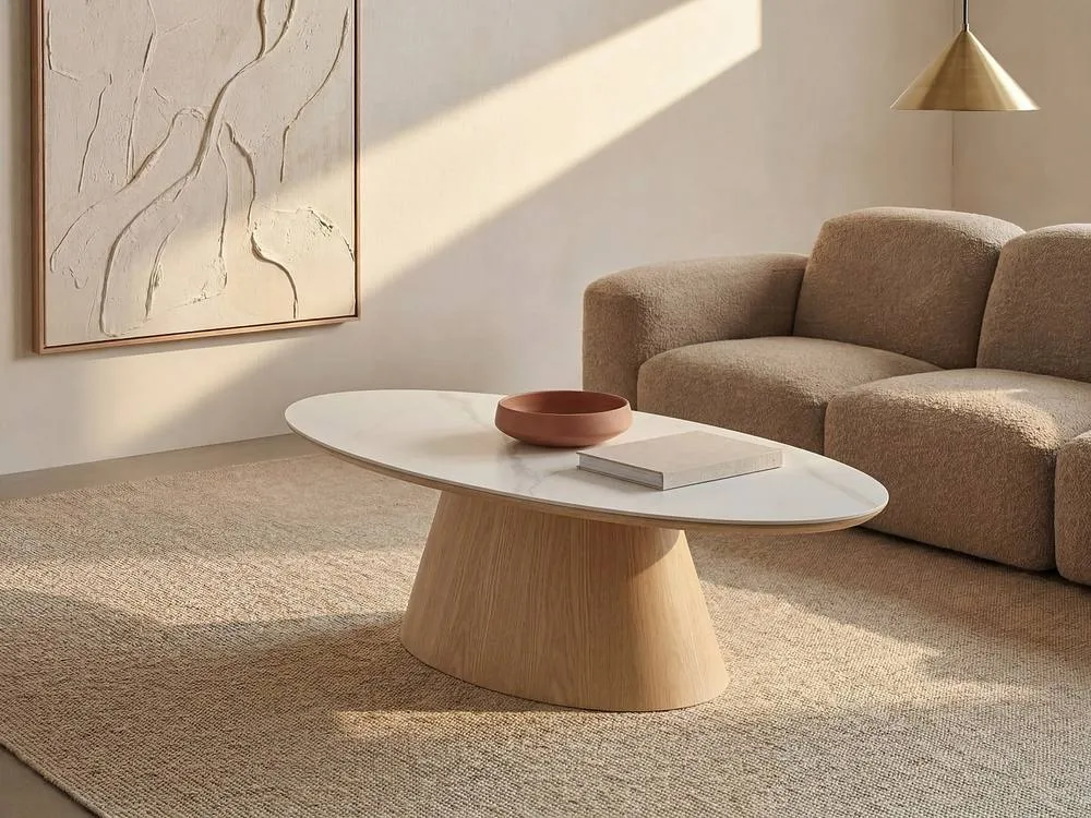 Vente-unique Ceramic & Oak Veneer Coffee Table - White Marble Effect & Light in Light Oak 3