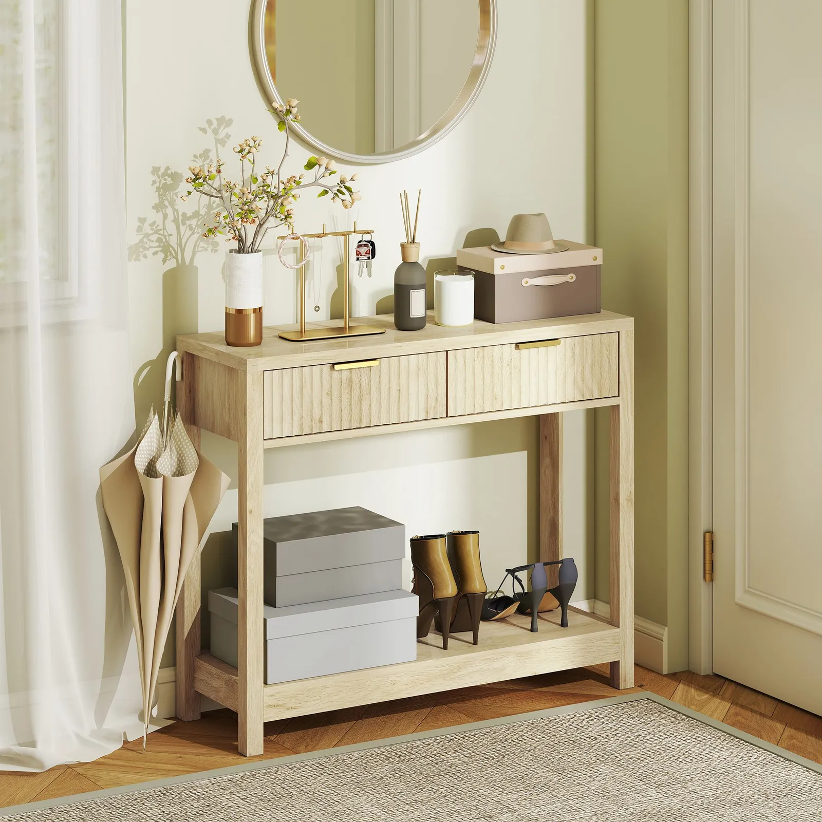 HOMCOM Modern Console Table with Fluted Panel Drawers, Narrow Hallway Table in Natural