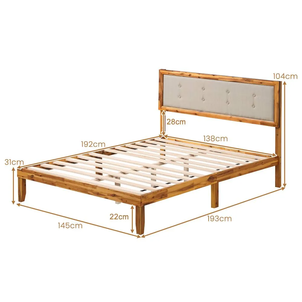 Costway Double Size Bed Frame Acacia Wood Platform Beds w/ Tufted Headboard in Beige 2