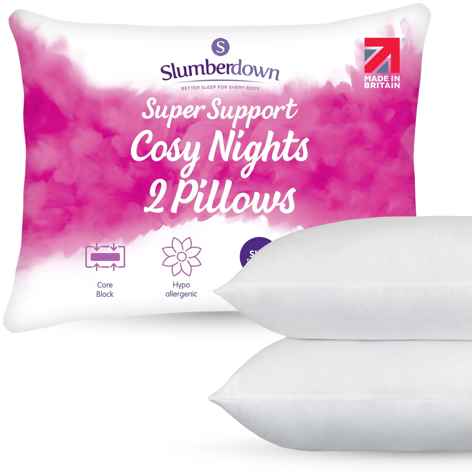 Slumberdown 2 Pack Cosy Nights Super Support Side Sleeper Firm Pillows in White