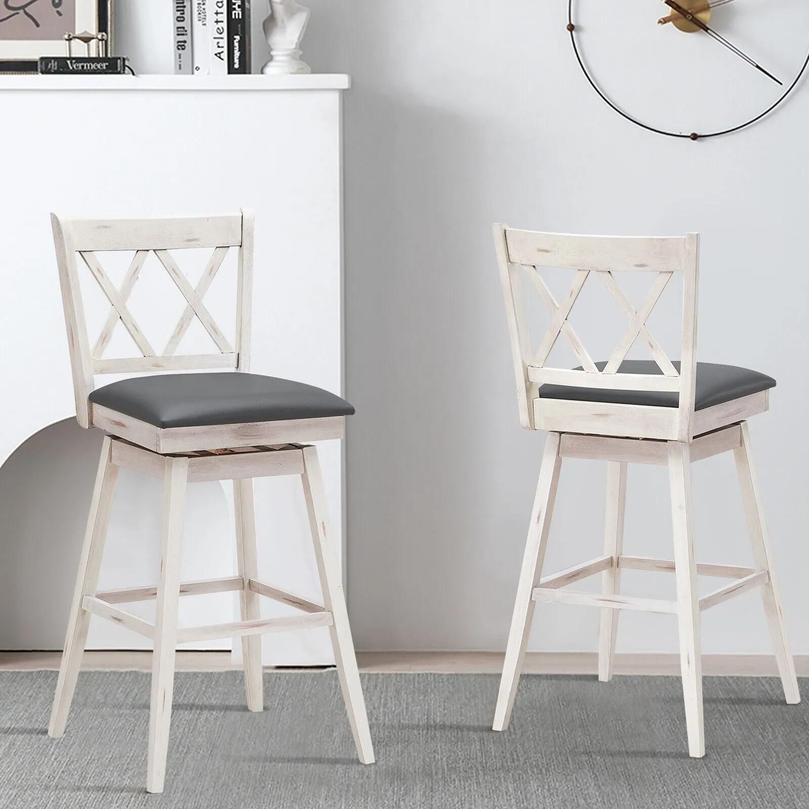 Costway Set of 2 Bar Stools Counter Height Chair Pub 360 Swiveling Upholstered Seat 29" 3