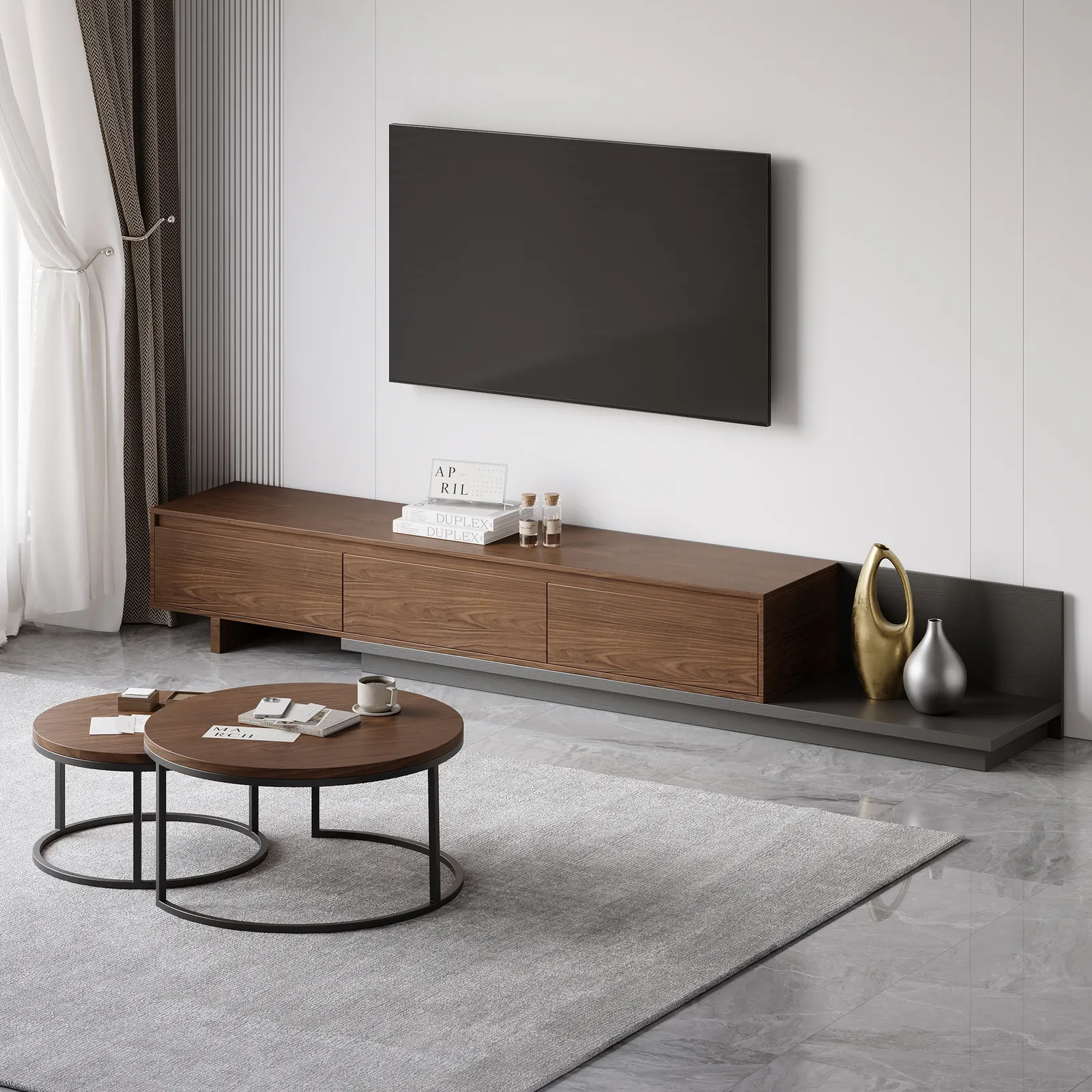 Living Room Cabinet Set Retracted & Extendable 3-Drawer TV Stand & Round Nesting Coffee Table