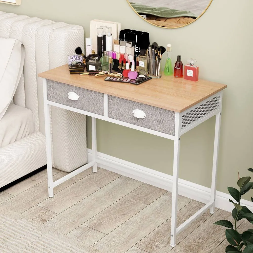Costway Computer Desk Space Saving Home Office Desk w/2 Fabric Drawers-Natural in Natural