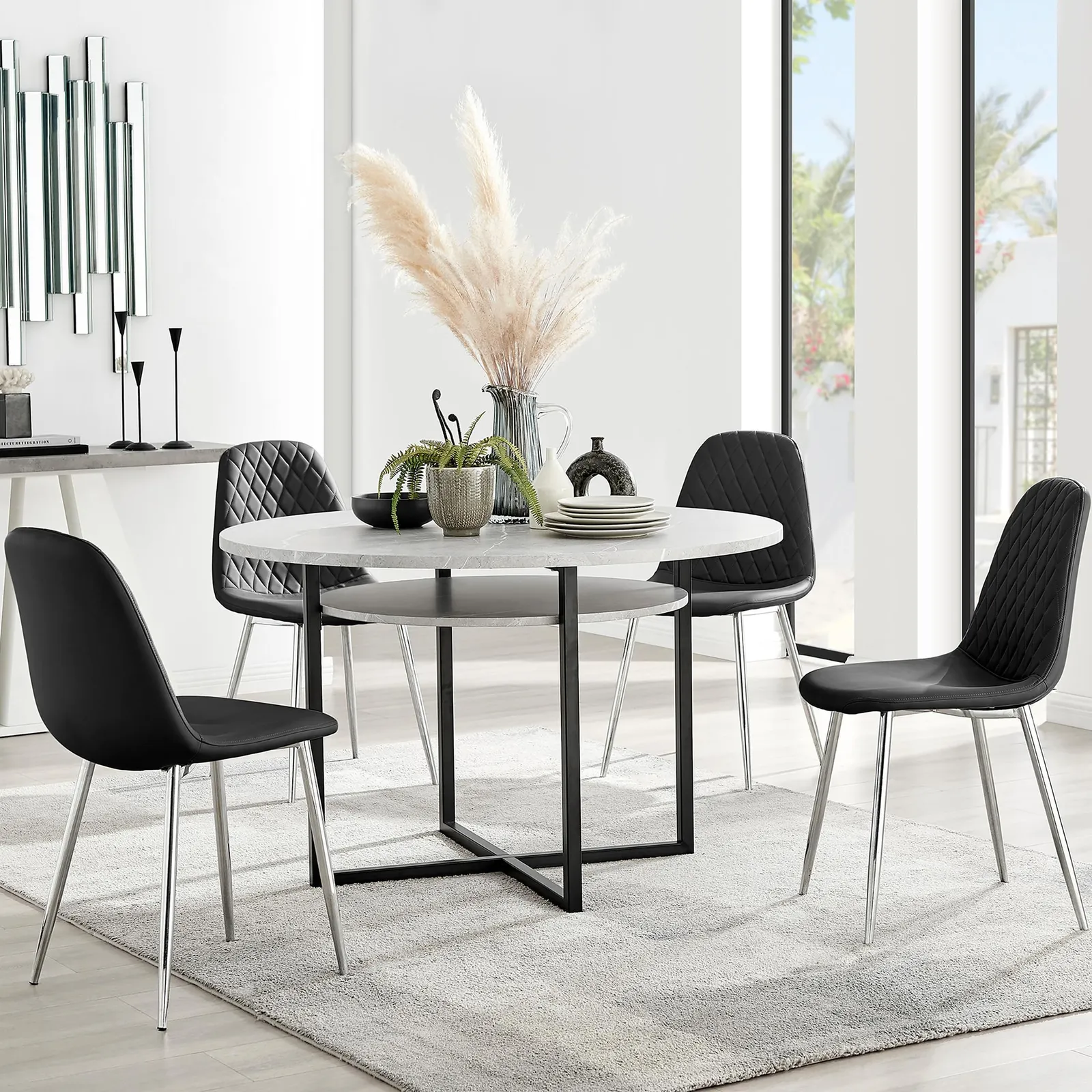 FurnitureboxUK Adley Grey Concrete Effect Round Dining Table & 4 Corona Silver Chairs in Black